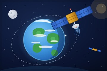 Communications satellite with solar panels orbiting planet Earth against starry space background © Rachmatamr