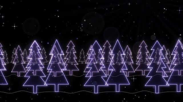 Seamless loop of glowing fir tree forest scrolling with parallax and heavy falling snow, line art, purple and lavender glow on black, winter landscape background, 4K