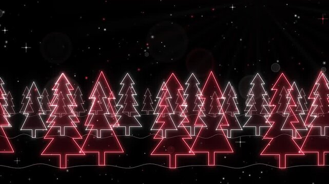 Seamless loop of glowing fir tree forest scrolling with parallax and heavy falling snow, line art, red and white glow on black, winter landscape background, 4K