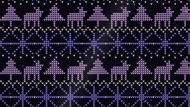 Seamless loop of glowing Nordic knit pattern with stars, reindeer and fir trees scrolling upward, snow falling, purple and lavender glow on black, winter background, 4K