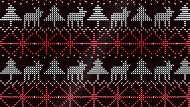 Seamless loop of glowing Nordic knit pattern with stars, reindeer and fir trees scrolling upward, snow falling, red and white glow on black, winter background, 4K