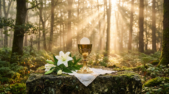 Golden chalice with holy communion host and white lily flowers standing upon mossy stone altar