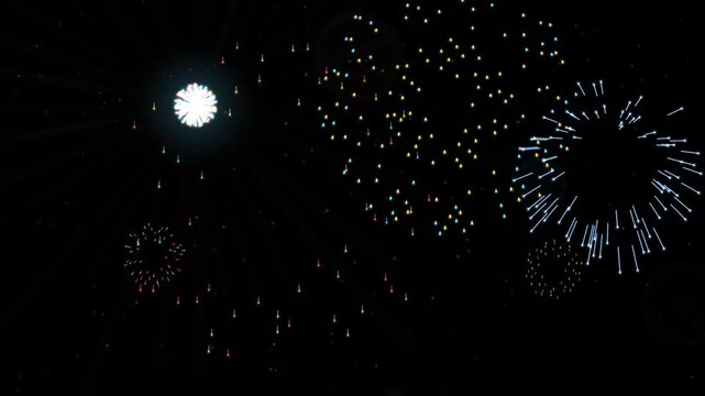 Seamless loop of glowing fireworks bursting in the night sky, peony, chrysanthemum and willow bursts with stars, colorful multicolor glow on black, New Year's Eve celebration background, 4K