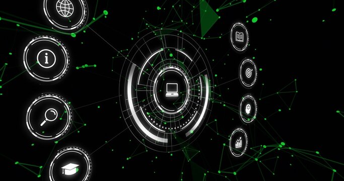 Displaying central HUD with laptop icon rotating in digital UI, showing green nodes and side icons