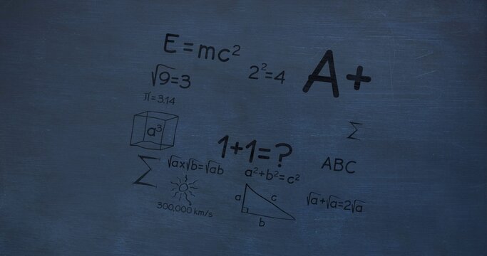 Displaying handwritten math doodles and formulas on chalkboard wall in classroom