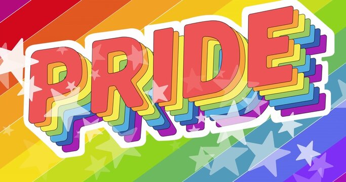Displaying large stylized PRIDE letters stacking rainbow layers on digital poster