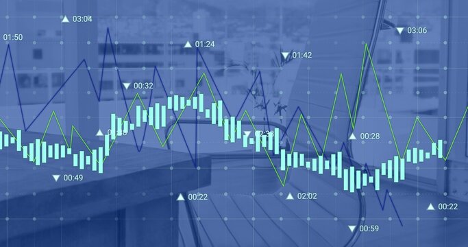 Displaying financial overlay across office, showing candlesticks, dual lines, timestamps, desk