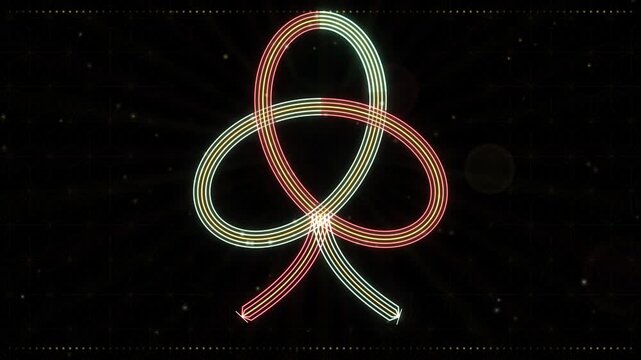 Seamless loop of a glowing mizuhiki awaji knot of red and white cords with a gold strand on an asanoha pattern, red, gold and green glow on black, Japanese New Year gift background, 4K