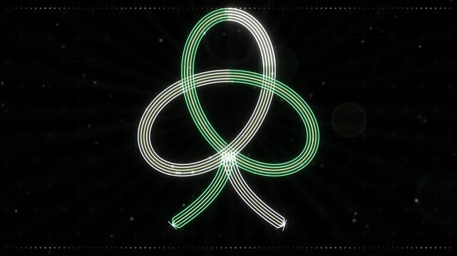 Seamless loop of a glowing mizuhiki awaji knot of red and white cords with a gold strand on an asanoha pattern, fresh green glow on black, Japanese New Year gift background, 4K