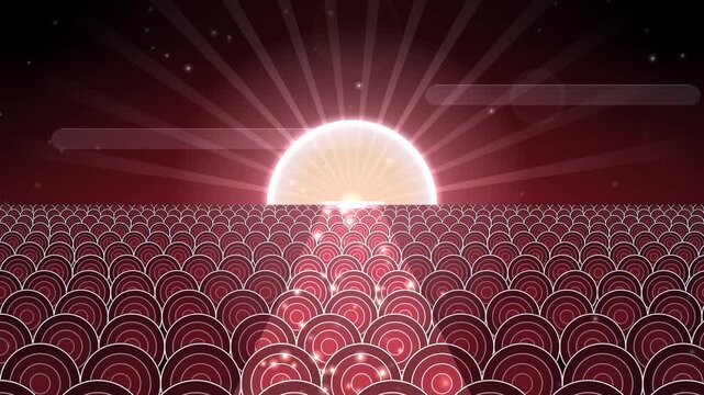 Seamless loop of a glowing rising sun over a seigaiha wave pattern sea with a path of light, red, white and silver glow on black, Japanese New Year first sunrise background, 4K