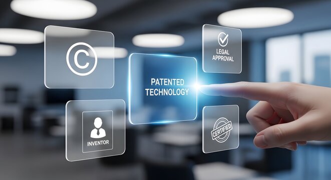 Digital interface displaying patented technology with icons for inventor, copyright, legal approval and certified for the concept of innovation and intellectual property.