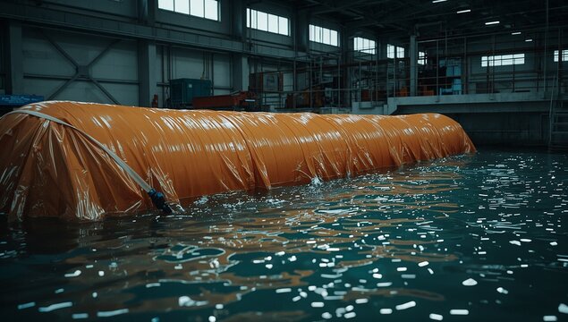 A large orange object floating in a body of water