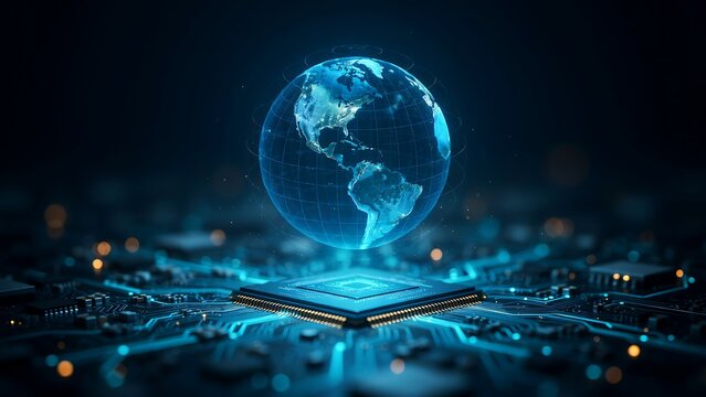 Glowing digital globe floating above a computer processor chip on a dark circuit board background