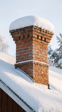 Red brick chimney with a thick cap of snow and small icicles on a snow covered roof, blue sky and frosted fir trees blurred behind, cold sunny winter day at a house in the countryside