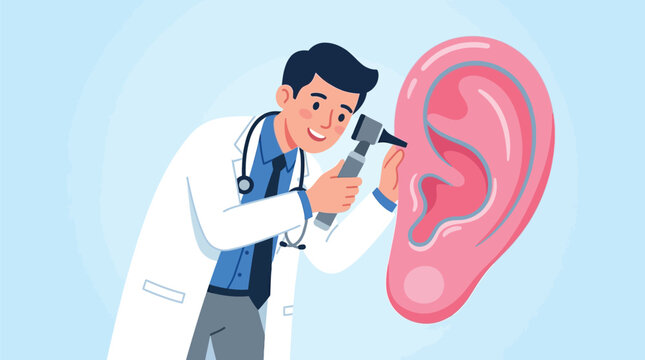 Friendly male doctor examining human ear using otoscope tool in vector graphic illustration design