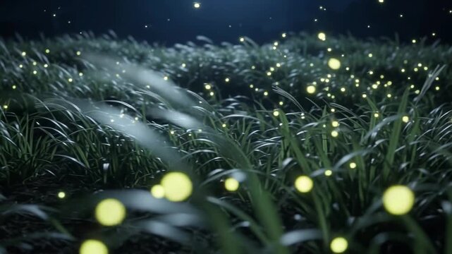 Bioluminescent fireflies float gently above blades of grass in a dark field.