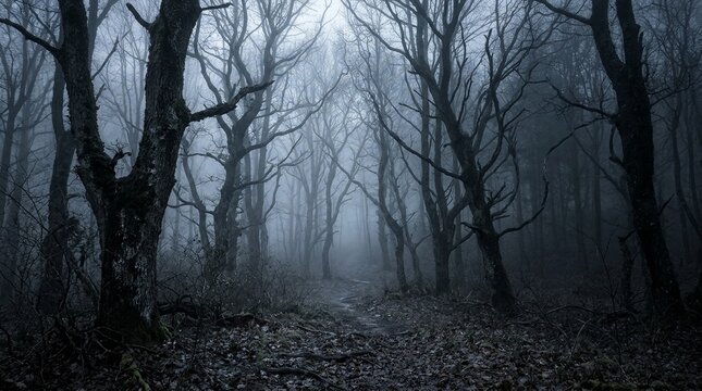 Ancient forest path with bare trees and ground fog at dusk