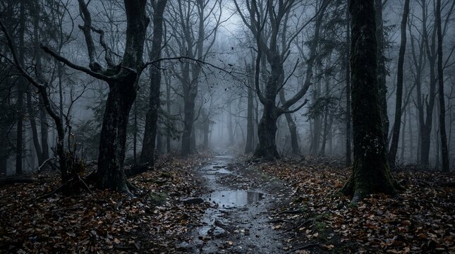 Ancient forest path with bare trees and ground fog at dusk