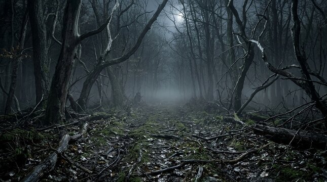 Ancient forest path with bare trees and ground fog at dusk