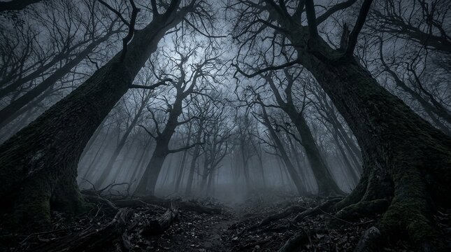 Ancient forest path with bare trees and ground fog at dusk
