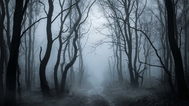 Ancient forest path with bare trees and ground fog at dusk