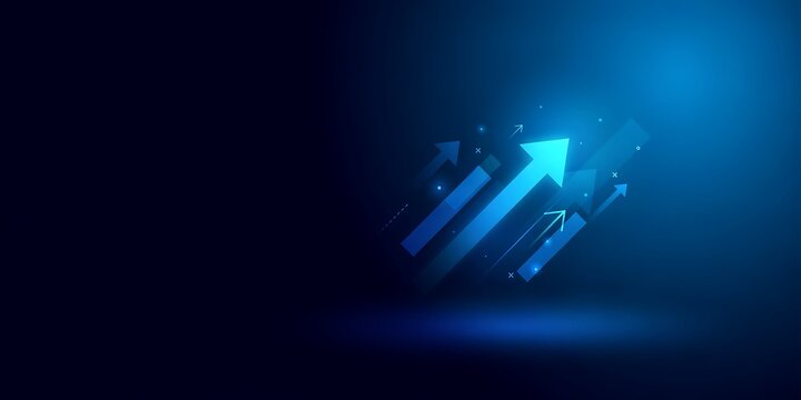 Glowing blue arrows pointing upward representing business growth and financial success on a dark digital background