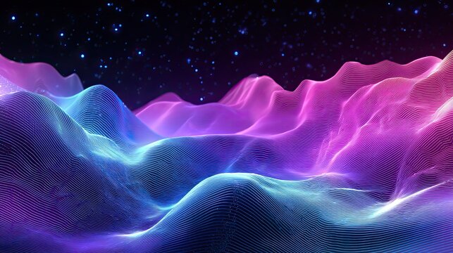 abstract neon wave background with glowing lines forming mountains and a starry night sky in purple and blue