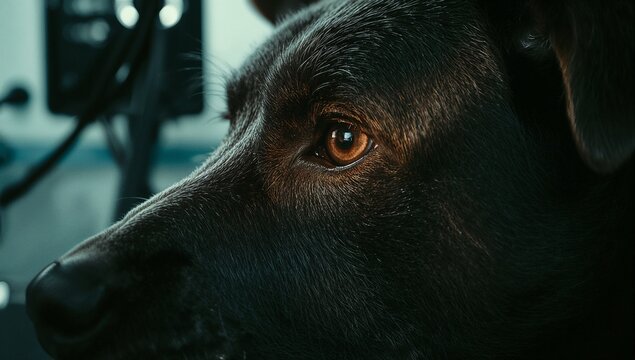 A close-up shot of a black dog's face, ideal for pet-related or emotional expressions images