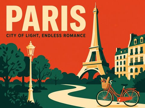 Paris France vintage travel poster vector illustration, retro landmark art featuring Eiffel Tower, classic bicycle with baguette basket, street lamp, and park view