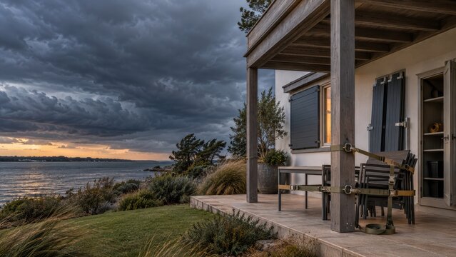 Coastal Home Prepared for Storm with Strapped Patio Furniture and Shutters