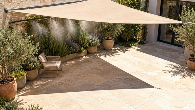Retractable Shade Sail and Misting System Cooling Residential Courtyard