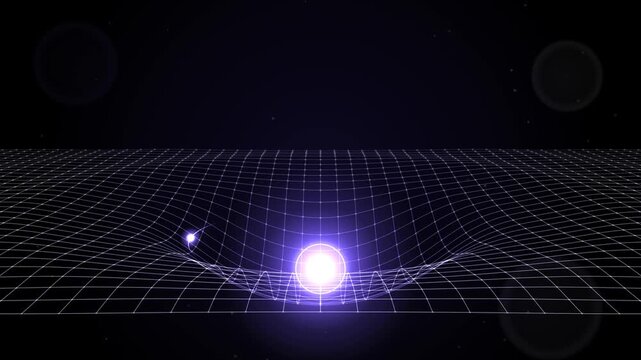 Seamless loop of a glowing grid floor warping into a deep funnel with a light orb above it, violet purple glow on black, abstract space-time background, 4K
