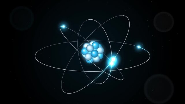 Seamless loop of a glowing 3D atom model with a nucleus and electrons with light trails circling on orbits, cyan blue glow on black, abstract science background, 4K