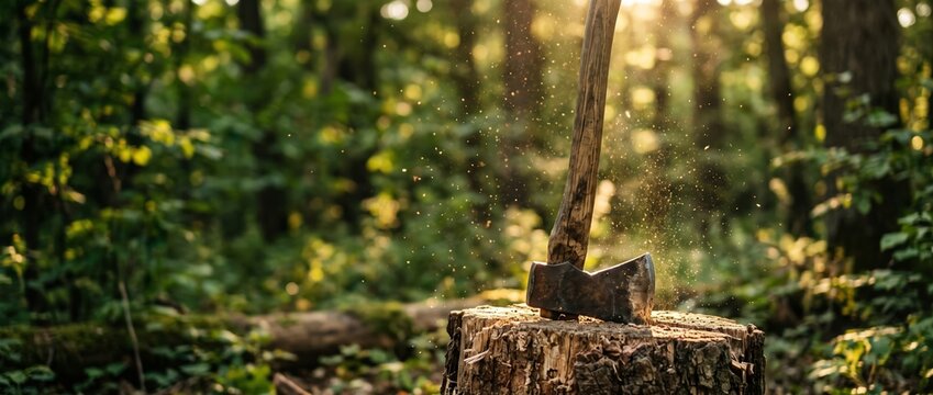 Axe Embedded in Log with Sunlight Filtering Through Trees in Forest Setting