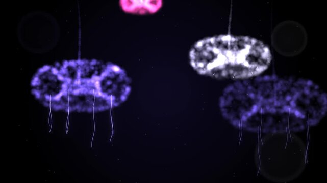Seamless loop of ink drops falling in water and curling into mushroom-like clouds with fine trailing threads, violet purple glow on black, abstract fluid background, 4K