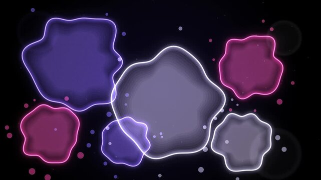 Seamless loop of watercolor stains blooming and shrinking with darker edges, soft overlaps and grainy paper texture, violet purple glow on black, abstract art background, 4K