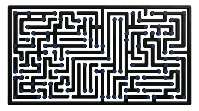 Complex black maze puzzle with intricate pathways and blue connector nodes inside white channels
