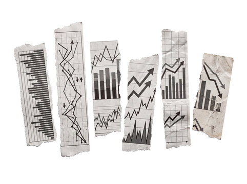 Financial graph torn paper clipping newspaper strips showing stock market data business analysis chart diagram with growth arrow and market crash trend on solid black background cutout collage