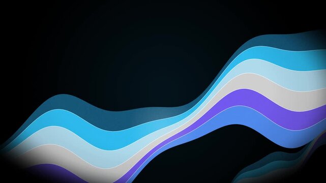 Seamless loop of six bold retro color bands with thin white lines waving in a big S-curve, 70s supergraphic style, cyan blue tones on black, retro abstract background, 4K