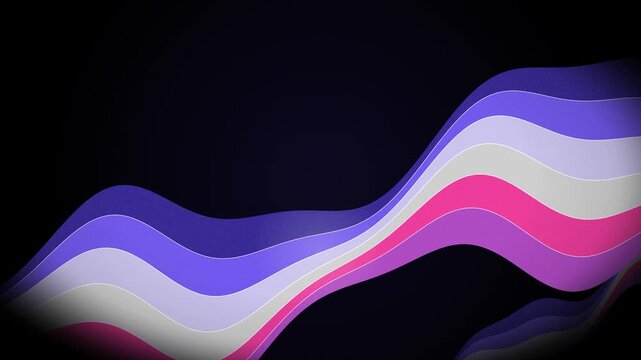 Seamless loop of six bold retro color bands with thin white lines waving in a big S-curve, 70s supergraphic style, violet purple tones on black, retro abstract background, 4K