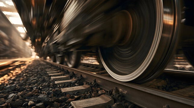 Train Wheels In Motion Captured Mid-Blur Along The Tracks