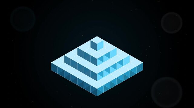 Seamless loop of isometric cubes falling and stacking into a stepped pyramid, glowing, then flying apart, cyan blue glow on black, abstract technology background, 4K