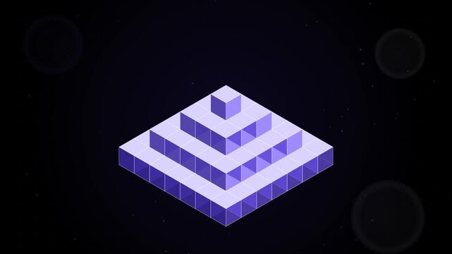 Seamless loop of isometric cubes falling and stacking into a stepped pyramid, glowing, then flying apart, violet purple glow on black, abstract technology background, 4K