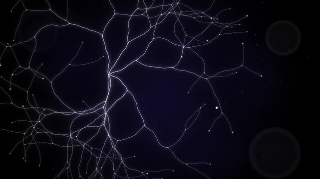 Seamless loop of glowing mycelium threads branching into a web with bright tips and pulses of light flowing outward, violet purple glow on black, abstract nature background, 4K