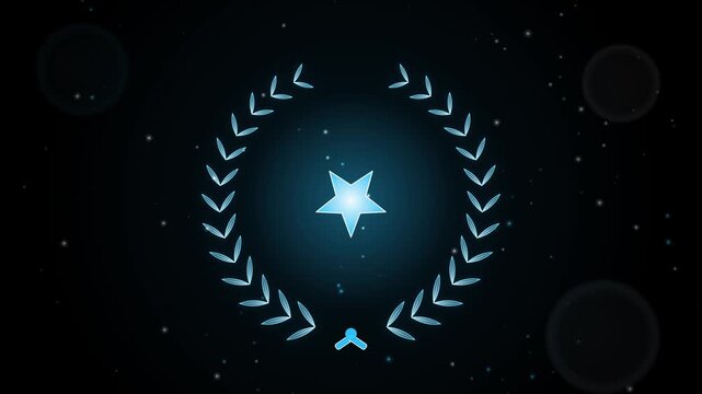 Seamless loop of a glowing laurel wreath with a central starburst as light sweeps the leaves and sparkles fall, cyan blue glow on black, award celebration background, 4K