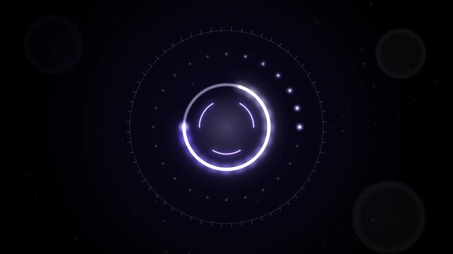 Seamless loop of a glowing loading spinner with a chasing arc, a ring of dots lighting in turn and a breathing glow, violet purple glow on black, abstract technology background, 4K