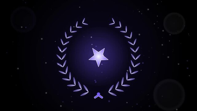 Seamless loop of a glowing laurel wreath with a central starburst as light sweeps the leaves and sparkles fall, violet purple glow on black, award celebration background, 4K