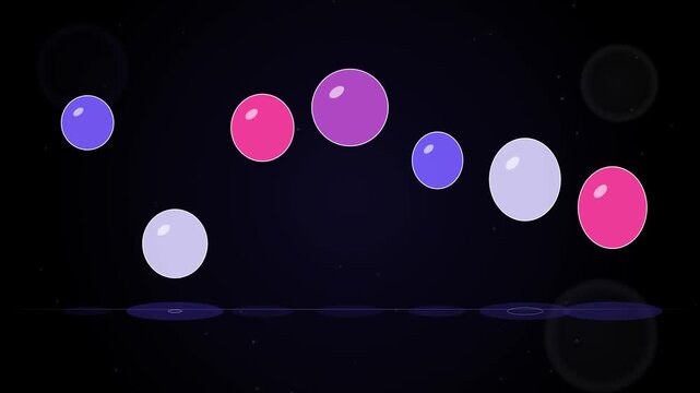 Seamless loop of colorful circles of different sizes bouncing, squashing and stretching with shadows on the floor, violet purple tones on black, pop abstract background, 4K