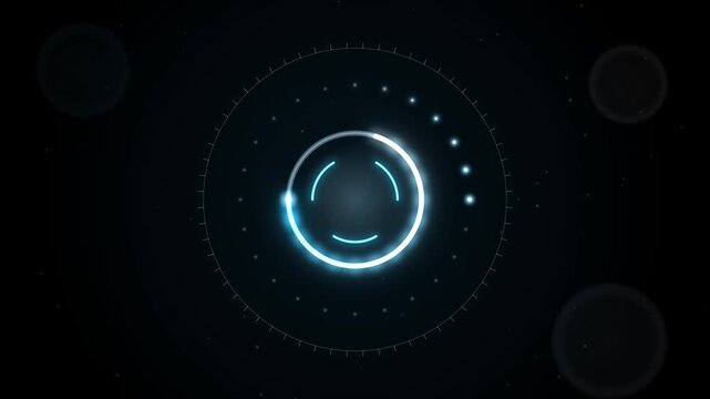 Seamless loop of a glowing loading spinner with a chasing arc, a ring of dots lighting in turn and a breathing glow, cyan blue glow on black, abstract technology background, 4K