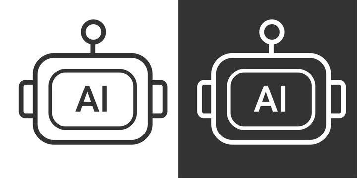 アンテナ付きAIロボットの線画アイコン（角丸の機械頭部を描いた白黒反転ベクターセット）